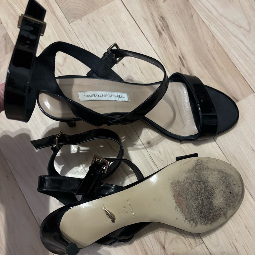 DvF black patent leather strapy heels.